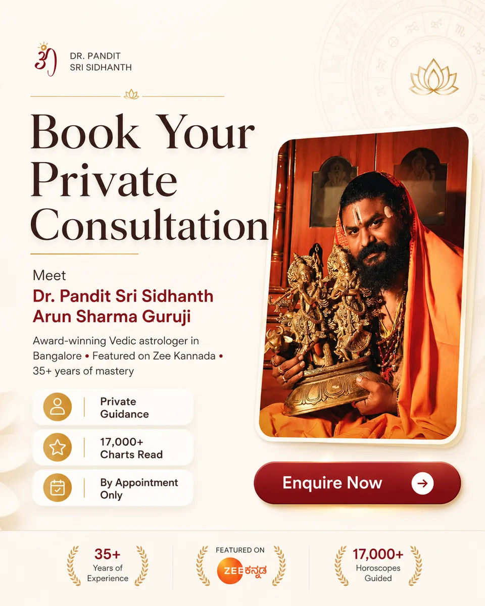 Book Your Private Consultation with Dr. Pandit Sri Sidhanth Arun Sharma Guruji, award-winning Vedic astrologer featured on Zee Kannada, 35+ years, 17,000+ charts read